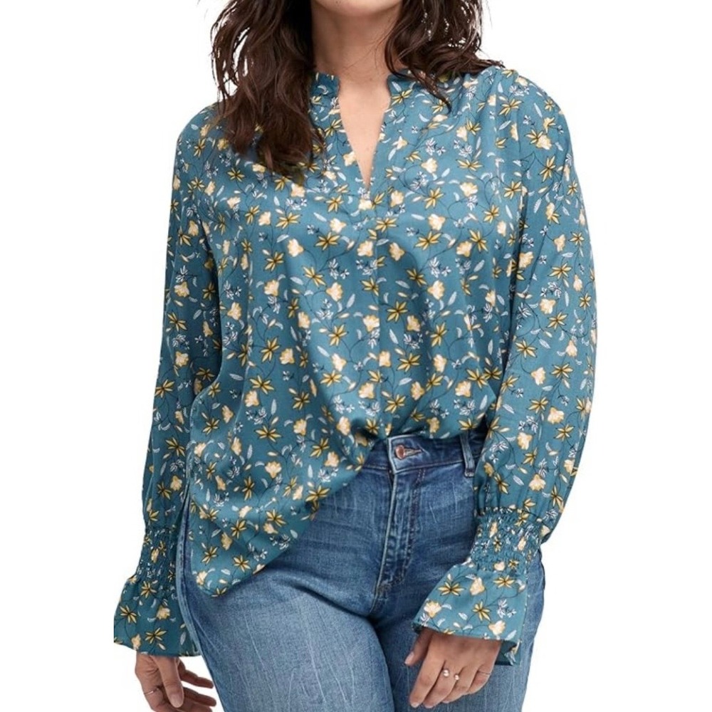 ellos Teal Floral Split-Neck Blouse with Yellow & White Flowers